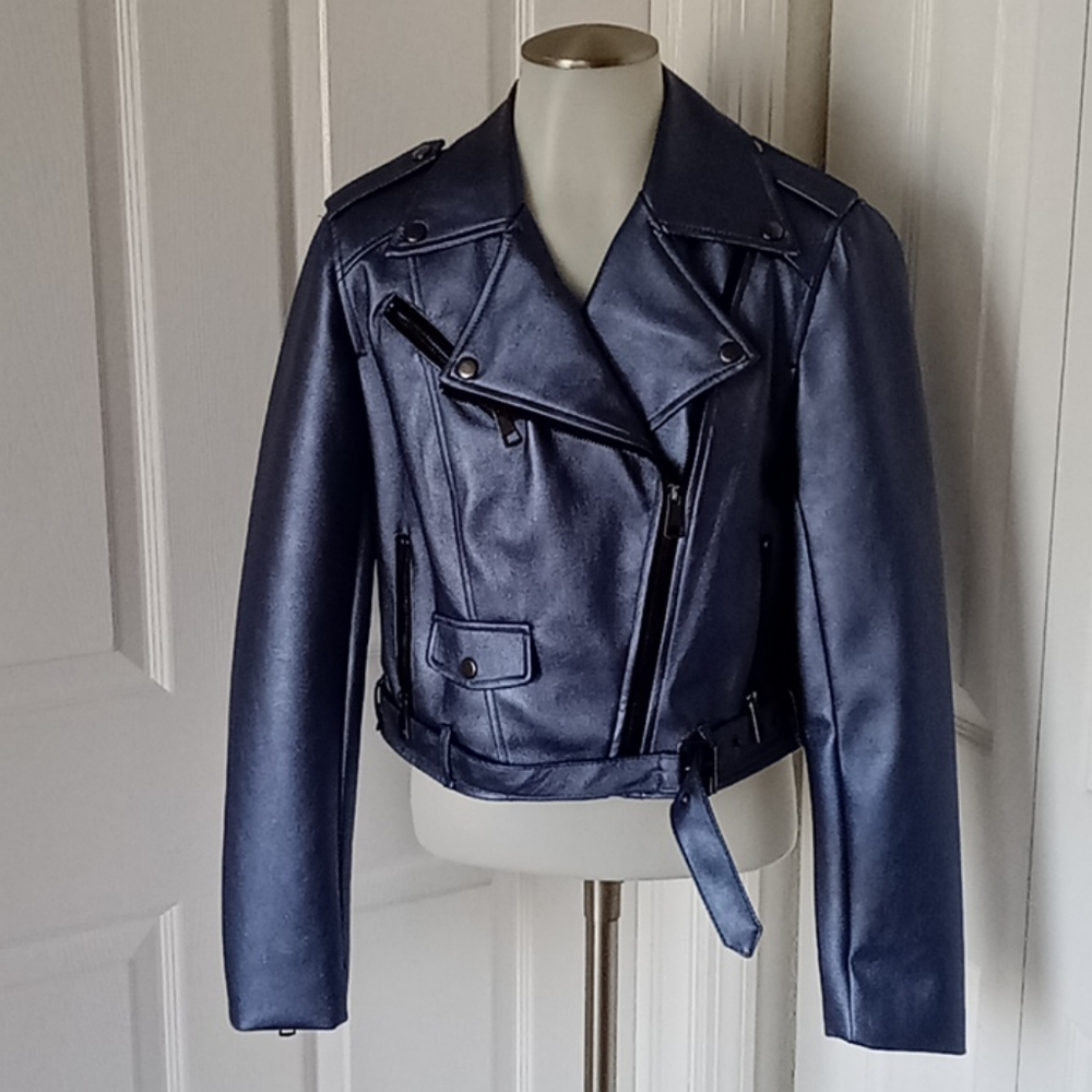 Romeo &Juliet couture metallic blue biker jckt Med